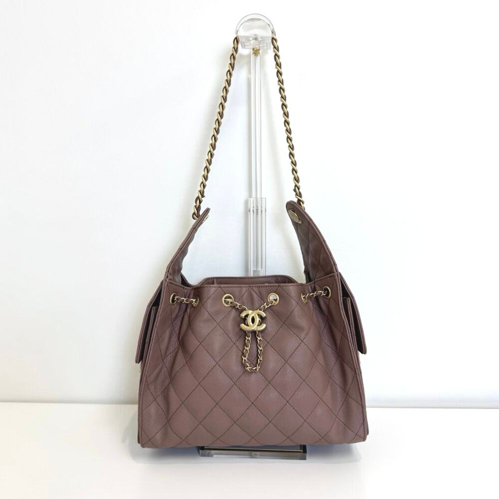 CHANEL Brown Quilted Caviar Leather 25 Small Hobo Bag Gold CC Logo Hardware NEW